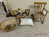 Child's wooden rocking chair and misc crafts and trophies