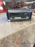 Collectible diecast helicopter, bus,
