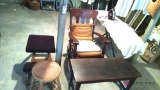 Vintage rocker, piano bench, ironing board and iron and footrest