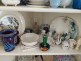 Assorted collectible plates, salt and pepper shakers, vase, glass, bowl