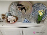 Collectible plates, bowls, candle holders, coffee pot, dishes