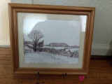 Framed etching with signature