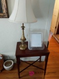 Wooden stand, lamp, picture frame