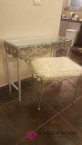 Glass top vanity, stool and mirror