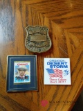 Police Department Belt Buckle, framed stamp, Desert Storm Pin