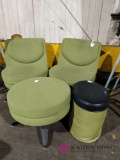 2 green chairs, stool, and foot rest