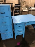 Vintage desk painted blue, file cabinet