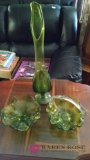 Three pieces of green art glass