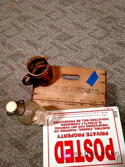 Vintage advertising box, metal sign, bottle and pitcher