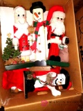 Wood crafted Christmas family, LED Christmas Village, and bent wood basket