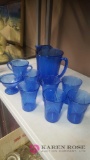 Cobalt blue depression pitcher and glass set