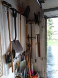 Yard tool lot, rakes, shovels, and more