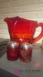 Red glass pitcher and salt pepper shakers