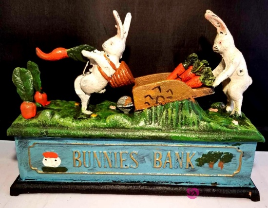 Bunnies Cast Iron Mechanical Bank
