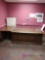 60 in by 42 in l shaped desk, four drawer file cabinet, and shelf