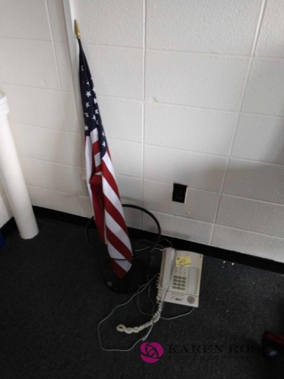 Telephone,flag and wastebasket