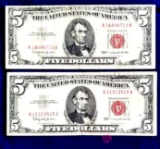 Two 1963 Red Seal Five Dollar Bills