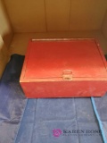 Red Wooden Box with Miscellaneous Tools