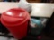 Ace plastic trash can with bag of curtains and tablecloths c1
