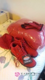 New red coat boots hat and gloves