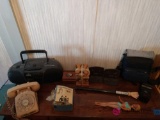Miscellaneous lot including vintage telephone, Magnavox radio, Barbie doll, wooden letters, and more