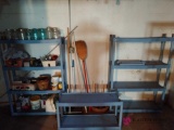2 plastic shelving units with contents