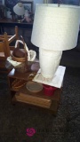 Entertainment stand, baskets, lamp