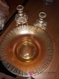 Silver candle stick holders and glass bowl
