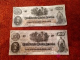 Two Confederate States of America $100 bills