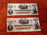 Two Confederate States of America $100 bills