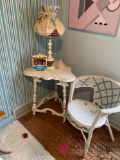 Triangle shaped end table with wicker chair