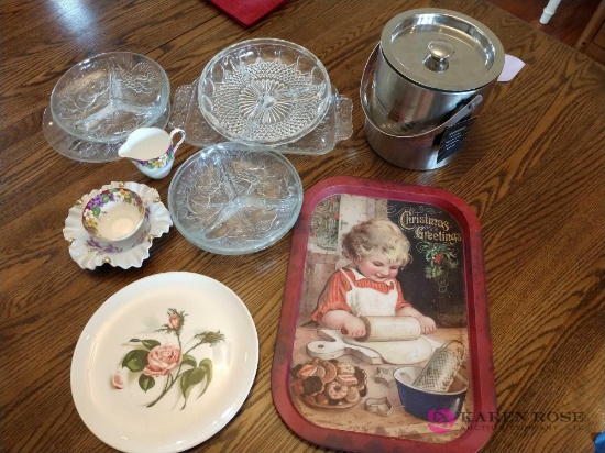 Ice bucket, Christmas tray, and serving dishes