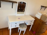 White painted vanity with mirror in stool