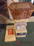 Ice cream freezer, punch bowl set, electro server, and picnic basket