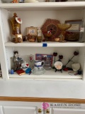 Two shelves of knickknacks orange  coin Glass amber glass