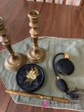 Brass candleholders, letter opener