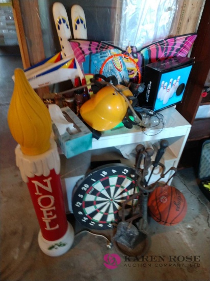 Miscellaneous lot of toys, dartboard, fireplace tools, see pictures