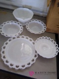 Milk glass fruit bowls and platter