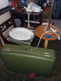Vintage gossip desk, wall art floor lamp suitcase and miscellaneous others