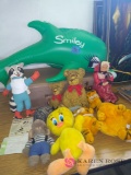 Vintage stuffed animals suitcase and blow up 1964 minute maid dolphin