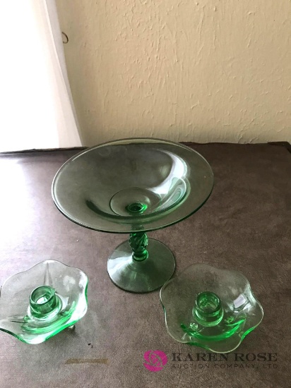 Green glass dish and candle stick holders