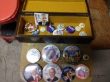 Box of political campaign buttons