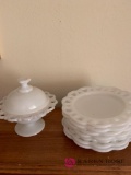 White milk glass plates and matching candy dish