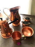 Copper Clad dishes pitcher , coffee pot creamer and sugar misc
