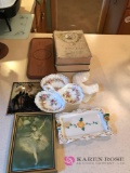 Assorted pictures,dishes and vintage books