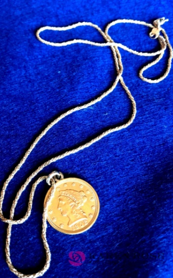 14 kt coin with necklace weighs 7.7 grams for all