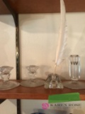 D1 lot of crystal glass 2-candle holders and pen holder