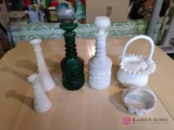 Milk glass basket , vases and decanters