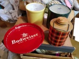 Two ice buckets, scotch thermos, and Budweiser tray