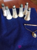 3- set of mini salt and pepper shakers lids Are sterling and sterling handmade tie clip